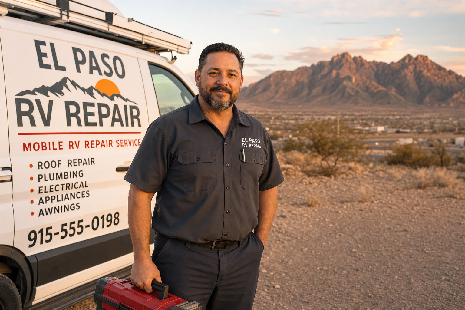 Owner of Desert Star Mobile RV Repair, standing next to his service van in the El Paso desert
