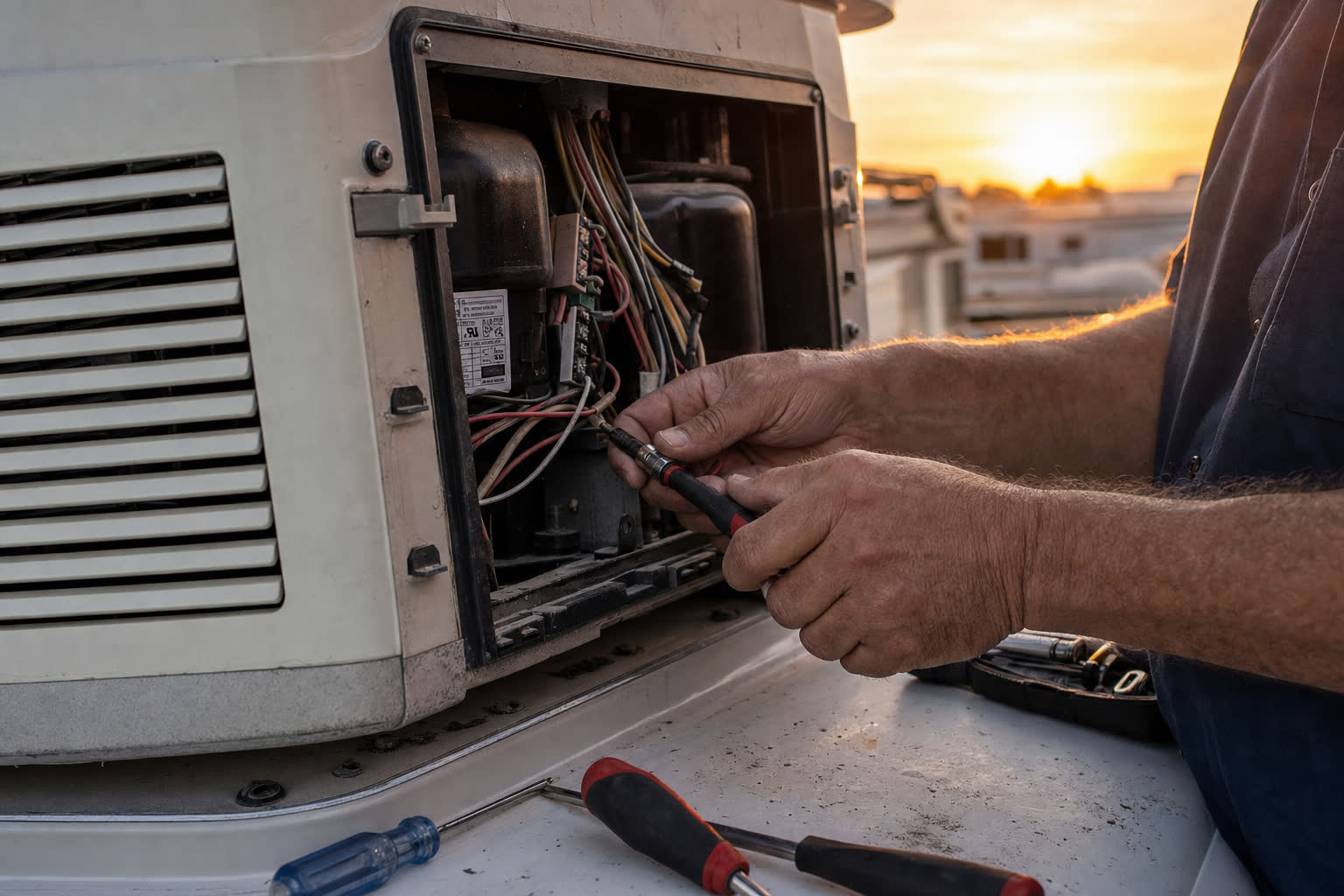 Technician repairing rooftop RV air conditioner at sunset