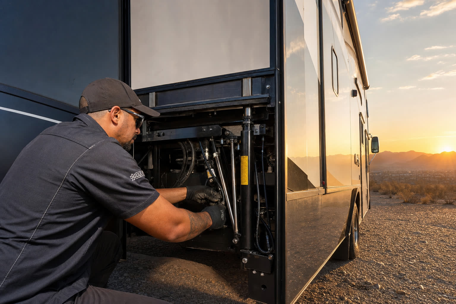 Technician inspecting an RV slide-out mechanism